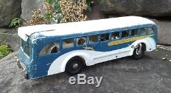 Vintage Buddy L Greyhound Lines Wind Up Pressed Steel Toy City Bus Working Cond