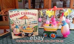 Vintage Celluloid & Tin Momma & Baby Bunny Carriage Wind-Up with Box Excellent