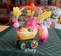 Vintage Celluloid & Tin Momma & Baby Bunny Carriage Wind-Up with Box Excellent