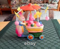 Vintage Celluloid & Tin Momma & Baby Bunny Carriage Wind-Up with Box Excellent