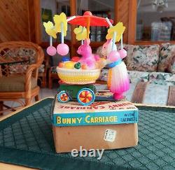 Vintage Celluloid & Tin Momma & Baby Bunny Carriage Wind-Up with Box Excellent