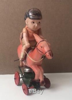 Vintage Celluloid Wind-Up Japan Toy, Jockey, Race Horse, Works