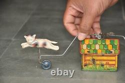 Vintage Dog Chasing Cat Litho Tin & Celluloid Wind Up Toy, Japan