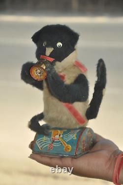 Vintage Dog Playing Bigule Textured Cloth Battery Litho Tin Toy, Japan