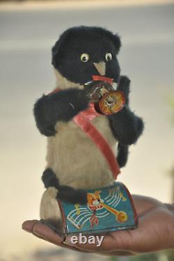 Vintage Dog Playing Bigule Textured Cloth Battery Litho Tin Toy, Japan