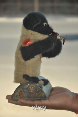 Vintage Dog Playing Bigule Textured Cloth Battery Litho Tin Toy, Japan