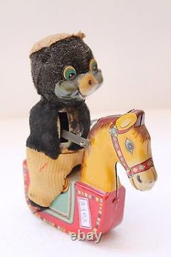 Vintage Donkey Pony Horse Riding Moving Bear Wind Up Tin Toy Japan Made NH2903