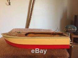 Vintage Famus Outboard Toy Boat Motor with Wooden Boat Good Cond