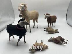 Vintage German Putz Stick Leg Wooly Sheep (Plural) & Ram Lot Of 6