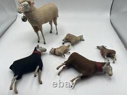 Vintage German Putz Stick Leg Wooly Sheep (Plural) & Ram Lot Of 6