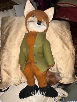 Vintage Handmade Stuffed Toy Fox By Jungle Toys Of London with Green Jacket