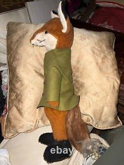 Vintage Handmade Stuffed Toy Fox By Jungle Toys Of London with Green Jacket