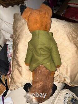 Vintage Handmade Stuffed Toy Fox By Jungle Toys Of London with Green Jacket