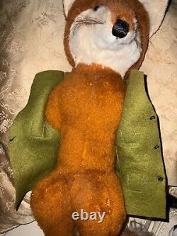 Vintage Handmade Stuffed Toy Fox By Jungle Toys Of London with Green Jacket