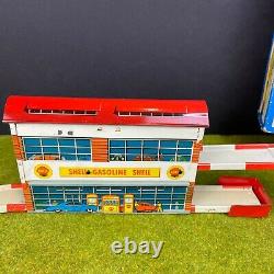 Vintage JH Höfler Tin Wind-Up Shell Station Car Set with Box, US Zone Germany