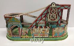 Vintage J CHEIN Tin Litho Toy Wind Up Roller Coaster with Key Works Great