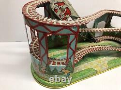 Vintage J CHEIN Tin Litho Toy Wind Up Roller Coaster with Key Works Great