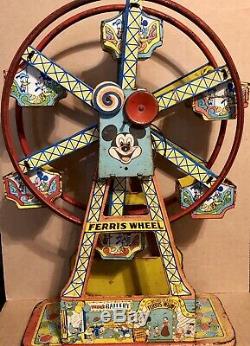 Vintage J. Chein Disneyland Mickey Tin Litho Ferris Wheel Wind Up Toy RARE HTF