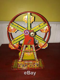 Vintage J Chein Hercules Tin Litho Wind Up Ferris Wheel Works Great