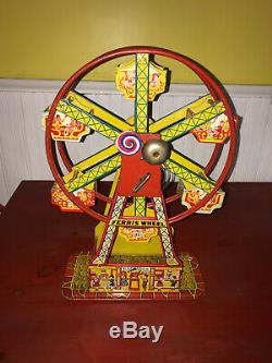 Vintage J Chein Hercules Tin Litho Wind Up Ferris Wheel Works Great