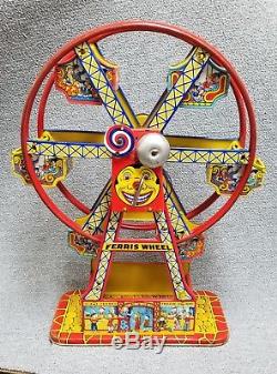 Vintage J. Chein Tin Litho Keywind Ferris Wheel Toy Works Great