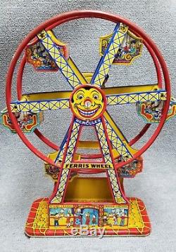 Vintage J. Chein Tin Litho Keywind Ferris Wheel Toy Works Great