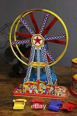 Vintage J Chein Tin Wind Up Ferris Wheel & Roller Coaster Carnival Toy for PARTS