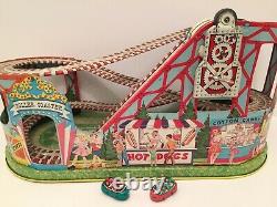 Vintage J. Chein Wind-Up Roller Coaster Tin Litho With2 Cars, EXCEPTIONAL