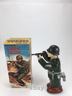 Vintage Japan TN Nomura Tin Toy Wind-up Combat Soldier Original Box Works N/R