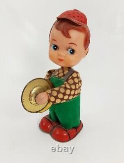 Vintage Japan Tin Toy Wind Up Walking Clapping Cymbals Bobble Head Working