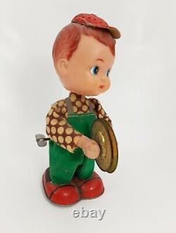 Vintage Japan Tin Toy Wind Up Walking Clapping Cymbals Bobble Head Working