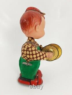 Vintage Japan Tin Toy Wind Up Walking Clapping Cymbals Bobble Head Working