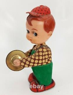 Vintage Japan Tin Toy Wind Up Walking Clapping Cymbals Bobble Head Working