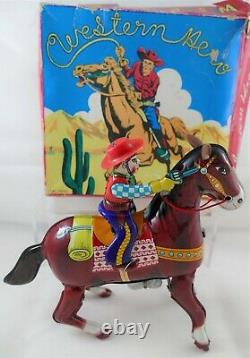 Vintage Japan Tin Wind Up Cowboy on Horse Toy with Original Box Western Hero