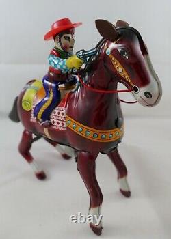 Vintage Japan Tin Wind Up Cowboy on Horse Toy with Original Box Western Hero