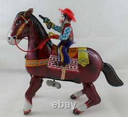 Vintage Japan Tin Wind Up Cowboy on Horse Toy with Original Box Western Hero