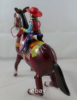 Vintage Japan Tin Wind Up Cowboy on Horse Toy with Original Box Western Hero