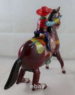 Vintage Japan Tin Wind Up Cowboy on Horse Toy with Original Box Western Hero