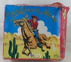 Vintage Japan Tin Wind Up Cowboy on Horse Toy with Original Box Western Hero