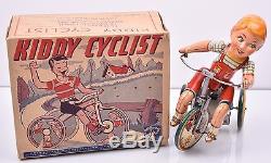 Vintage KIDDY CYCLIST Tin Litho Windup Toy Unique Art 1930s orig BOX WORKS