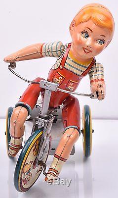 Vintage KIDDY CYCLIST Tin Litho Windup Toy Unique Art 1930s orig BOX WORKS