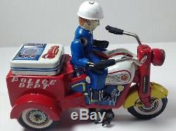 Vintage KO Mark Wind Up Police Dept Tricycle Bike Litho Tin Toy (Made in Japan)