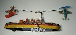 Vintage Kellermann CKO Tin Litho Windup Boat with Circling Airplanes Toy Plane