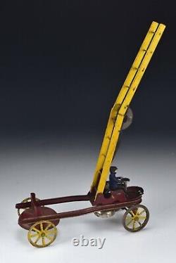Vintage Kingsbury Toy Wind up Ladder Fire Truck 1920's Pressed Steel Wood Ladder
