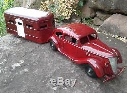 Vintage Kingsbury Toys Coupe & Travel Trailer Wind-Up Toy Car Restored Condition