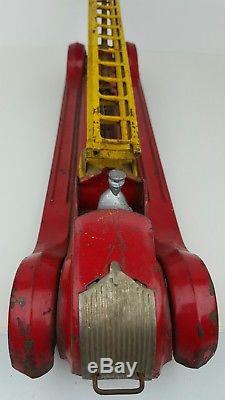 Vintage Kingsbury Toys Pressed Steel Aerial Ladder Wind Up Fire Truck with Driver