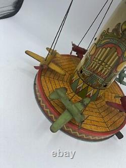 Vintage Lever Action Wind Up Tin Litho Airplane Carousel Non Working