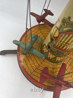 Vintage Lever Action Wind Up Tin Litho Airplane Carousel Non Working