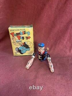 Vintage Linemar Popeye Tin Windup Tumbling Toy Japan Working With Original Box