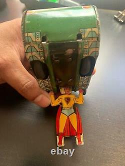 Vintage Linemar Superman Tank Tin Wind Up Toy Green 50's Works partially Rare